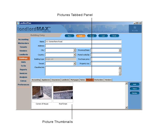 LandlordMax Property Management Software User Manual Screenshot: Pictures Interface