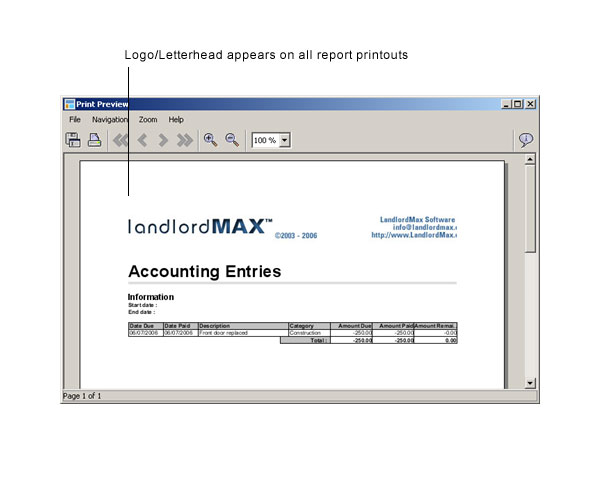 LandlordMax Property Management Software User Manual Screenshot: Report Printout