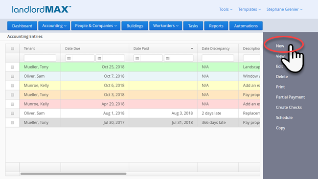 LandlordMax Property Management Software: Accounting New Button