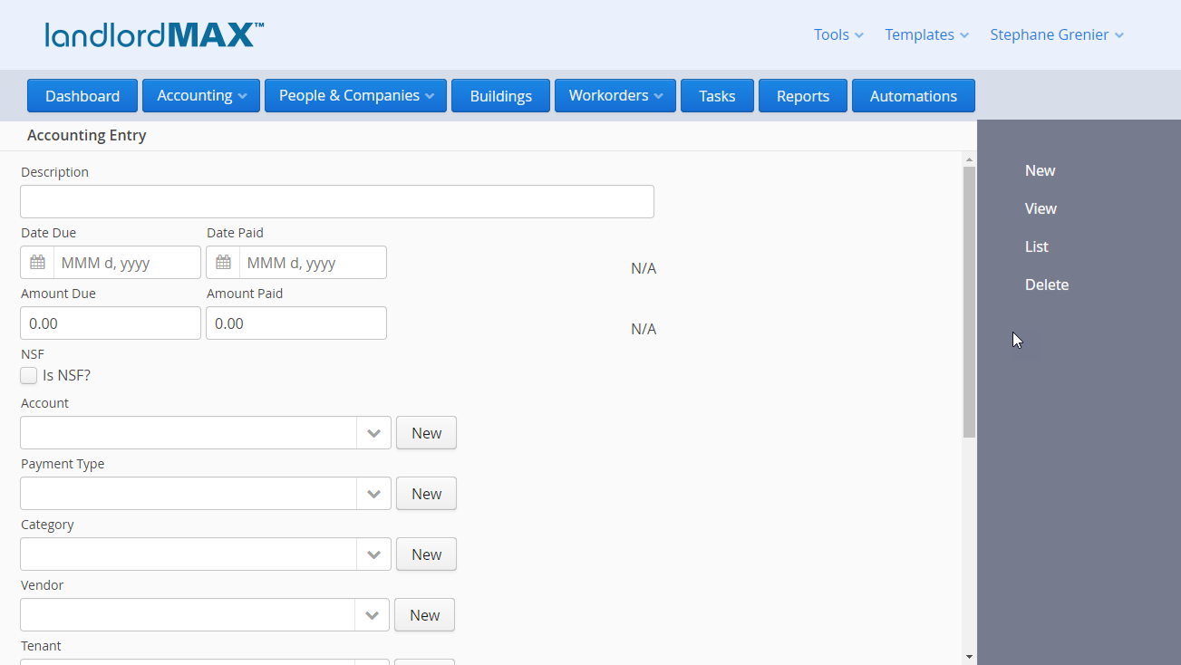 LandlordMax Property Management Software: Accounting New Entry