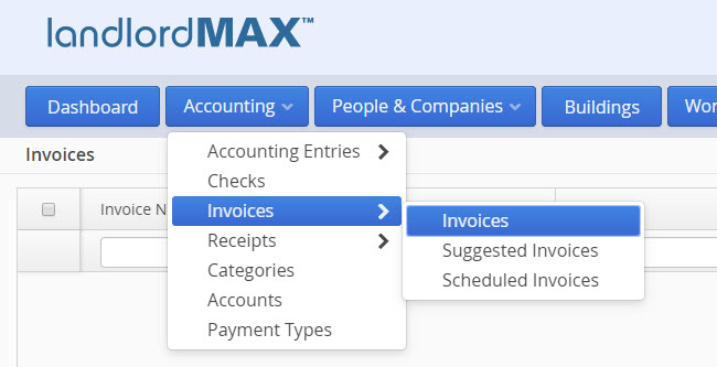 LandlordMax Property Management Software: Invoices and Receipts Menu