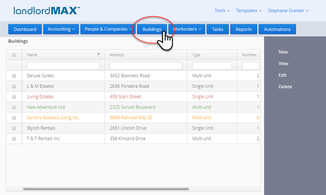 LandlordMax Property Management Software: Building Menu