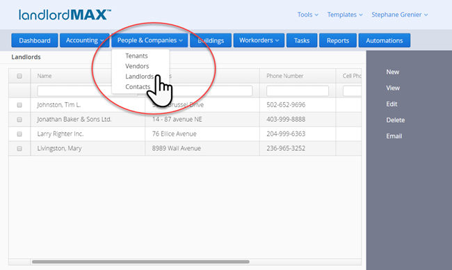 LandlordMax Property Management Software: Landlord Menu