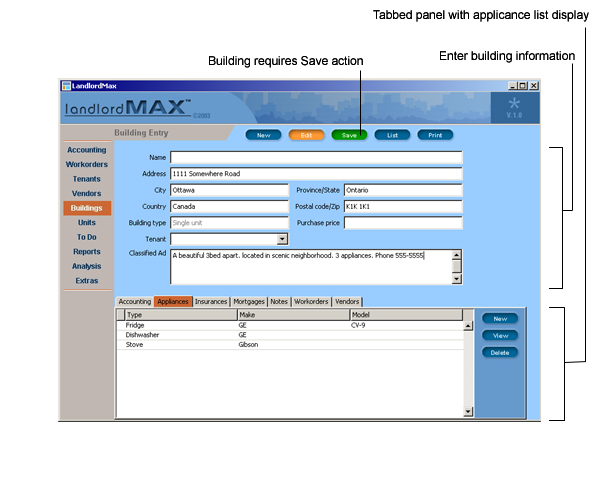 LandlordMax Property Management Software User Manual Screenshot: Save building