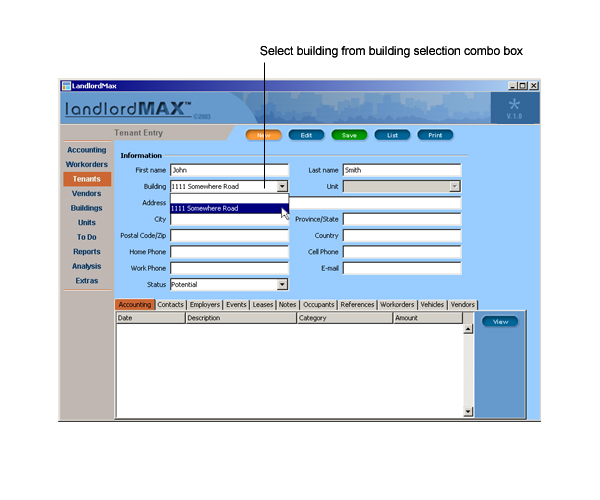 LandlordMax Property Management Software User Manual Screenshot: Enter Tenant Data