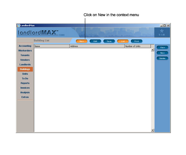 LandlordMax Property Management Software User Manual Screenshot: Click on New in context menu