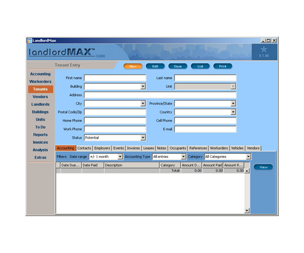 LandlordMax Property Management Software User Manual Screenshot: New Tenant