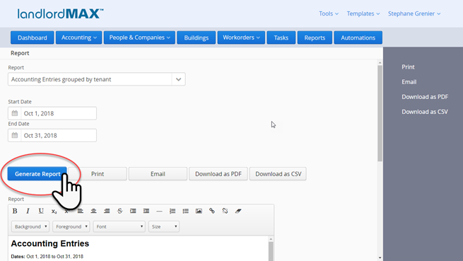 LandlordMax Property Management Software: Generate Report