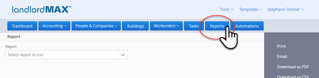 LandlordMax Property Management Software: Report Menu