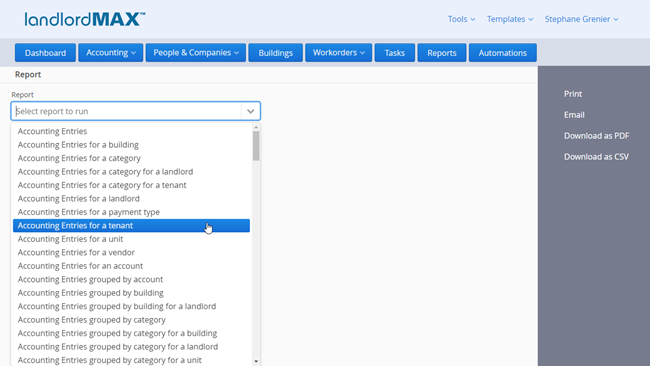 LandlordMax Property Management Software: Select Report