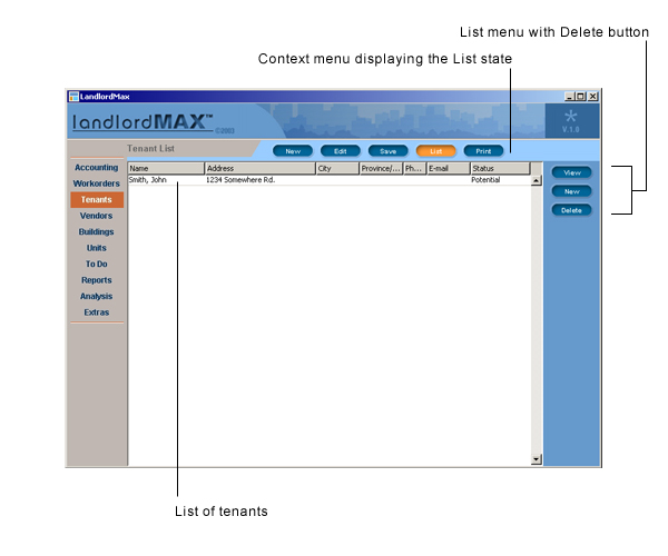 LandlordMax Property Management Software User Manual Screenshot: Tenant List