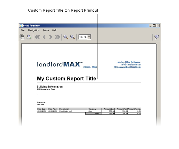 LandlordMax Property Management Software User Manual Screenshot: Custom Report Title