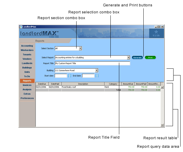 LandlordMax Property Management Software User Manual Screenshot: Reports Interface