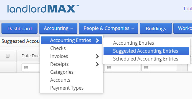 LandlordMax Property Management Software: Suggested Accounting Entry Menu