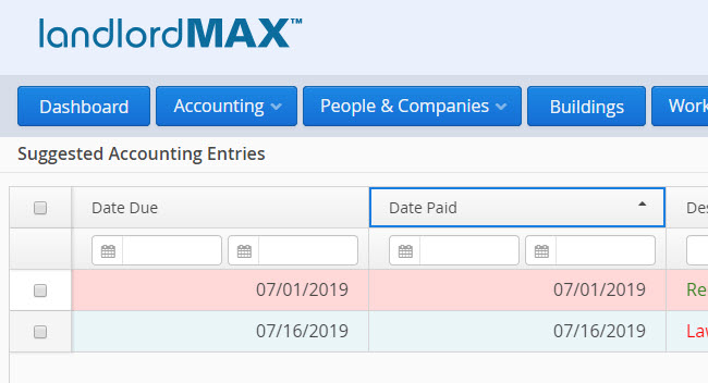 LandlordMax Property Management Software: Suggested Accounting Entries Table