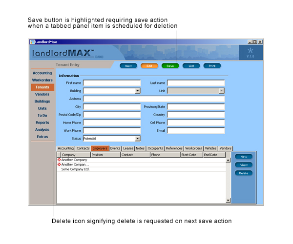 LandlordMax Property Management Software User Manual Screenshot: Delete Tenant Tabbed Panel Entry