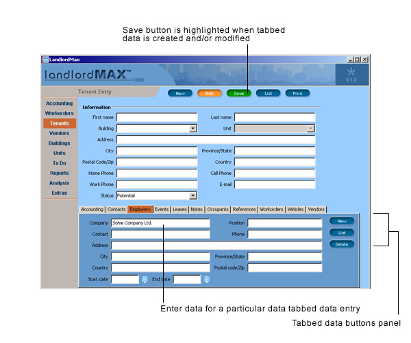 LandlordMax Property Management Software User Manual Screenshot: New Tenant Tabbed Panel Entry