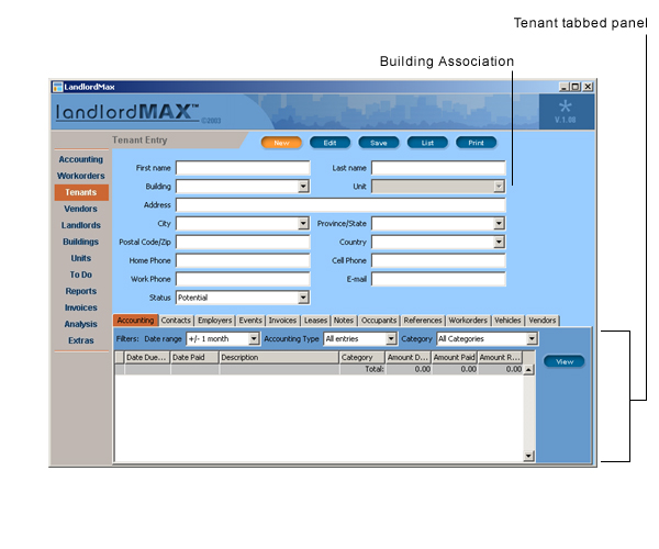 LandlordMax Property Management Software User Manual Screenshot: New Tenant Entry