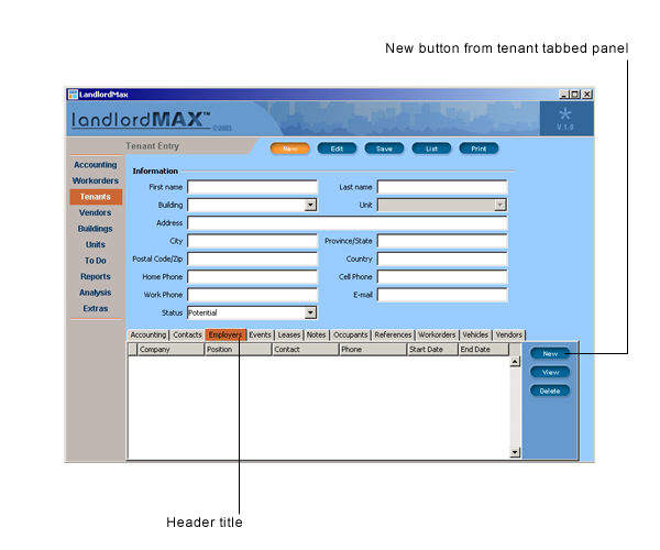 LandlordMax Property Management Software User Manual Screenshot: Tenant Tabbed Panel