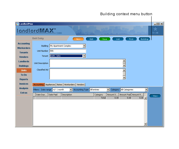 LandlordMax Property Management Software User Manual Screenshot: Building Context Menu
