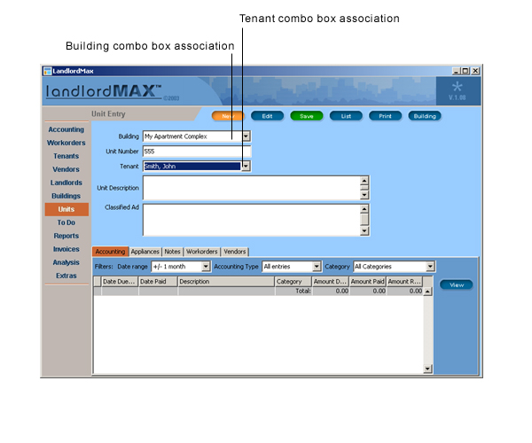 LandlordMax Property Management Software User Manual Screenshot: Unit Association
