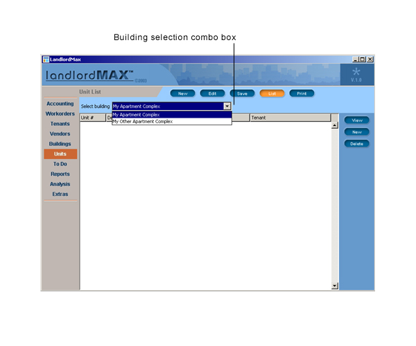 LandlordMax Property Management Software User Manual Screenshot: Unit List