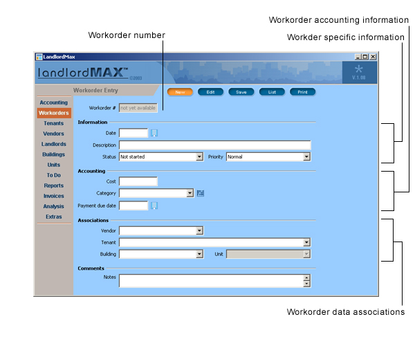 LandlordMax Property Management Software User Manual Screenshot: New Workorder Entry