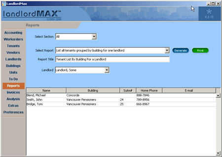 LandlordMax Property Management Software New Feature Screenshot: List tenants grouped by building for one landlord Report