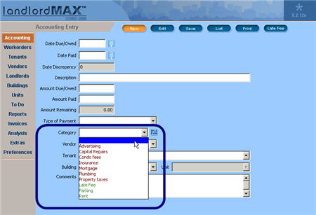 LandlordMax Property Management Software New Feature Screenshot: Category Combo Box Color Coded