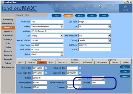 LandlordMax Property Management Software New Feature Screenshot: Late Fee