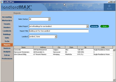 LandlordMax Property Management Software New Feature Screenshot: List all buildings for one landlord Report