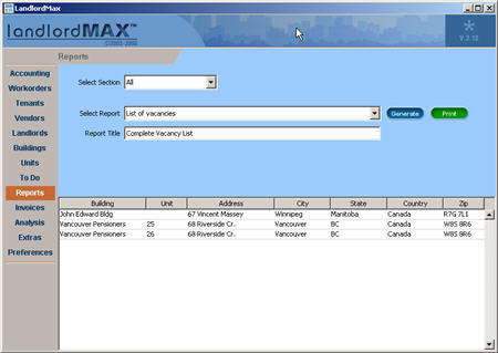 LandlordMax Property Management Software New Feature Screenshot: List All Vacancies Report