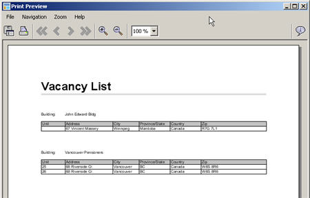 LandlordMax Property Management Software New Feature Screenshot: List All Vacancies Grouped by Building Print Report