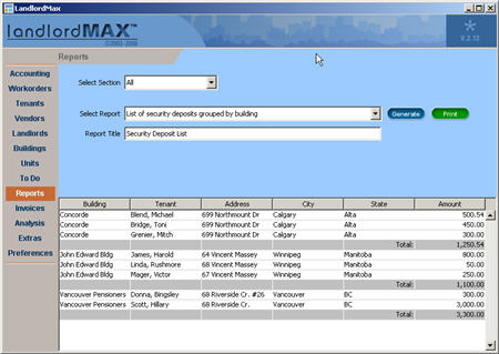 LandlordMax Property Management Software New Feature Screenshot: Security Deposit Report with Totals