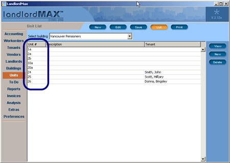 LandlordMax Property Management Software New Feature Screenshot: Unit Sorting