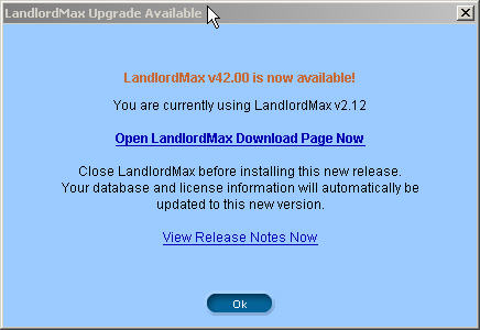 LandlordMax Property Management Software New Feature Screenshot: Upgrade Notification