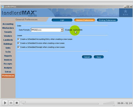LandlordMax Property Management Software New Feature Screenshot: Date Preferences