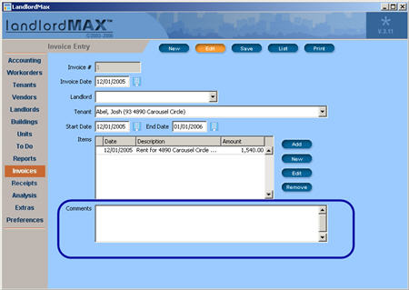 LandlordMax Property Management Software New Feature Screenshot: Invoice Comment