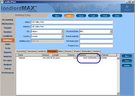 LandlordMax Property Management Software New Feature Screenshot: Mortgage Tabbed Panel Table Columns