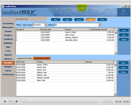 LandlordMax Property Management Software New Feature Screenshot: Receipts