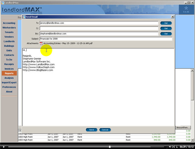 LandlordMax Property Management Software New Feature Screenshot: Email