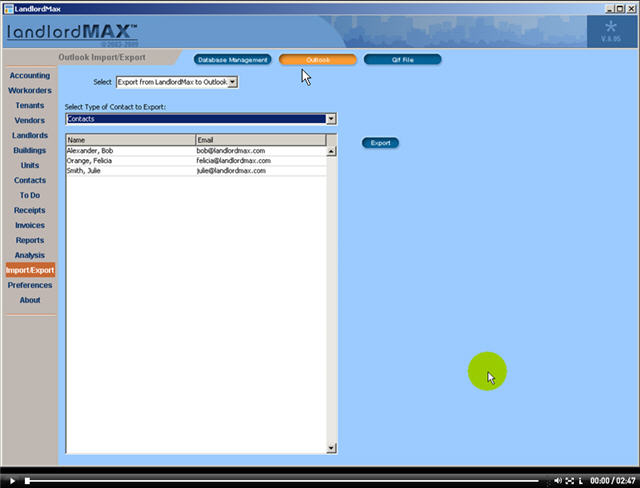 LandlordMax Property Management Software New Feature Screenshot: Outlook