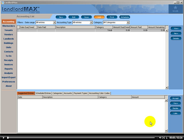 LandlordMax Property Management Software New Feature Screenshot: Schedule Entries