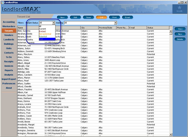 LandlordMax Property Management Software New Feature Screenshot: Tenant Status Filter