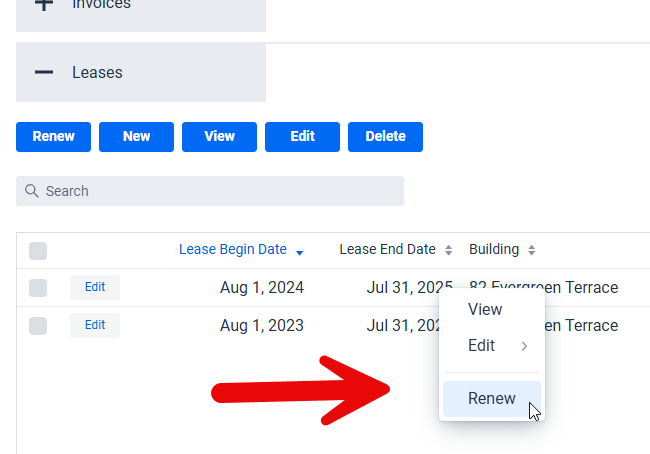 Lease Renew popup menu
